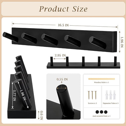 Coat Rack Wall Mount, Wooden Coat Hanger with 5 Hooks, Heavy Duty, Black, 1 Pcs