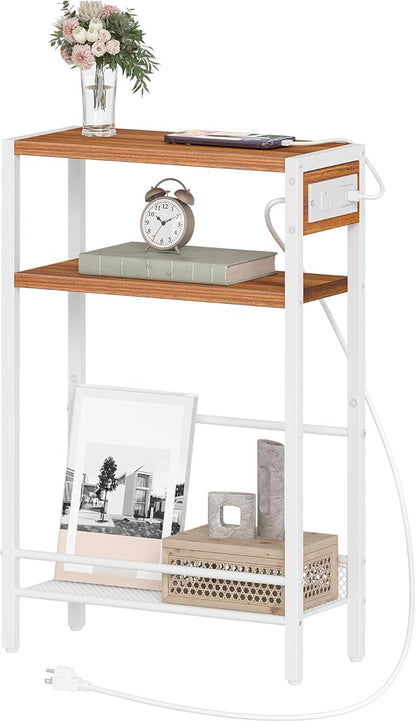 HOOBRO Small Narrow Side Table with Charging Station, Skinny End Table for Small Spaces, Slim Nightstand with USB Ports Outlet, Sofa Beside Table with Storage Shelf, White and Walnut WH102UBZ01