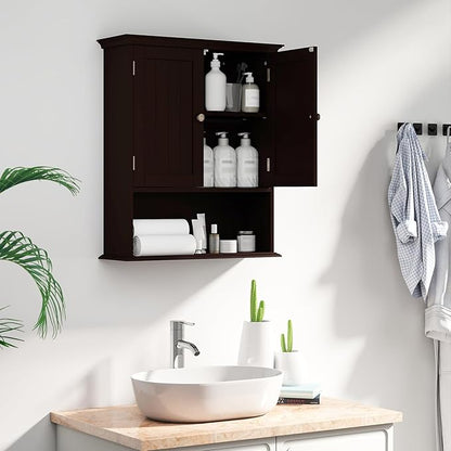 Giantex Wall Mounted Medicine Cabinets - Above Toilet Bathroom Cabinet with Adjustable Shelf, Open Shelf, Over The Toilet Space Saver Storage Cabinet for Laundry Room, Kitchen, Cupboard (Brown)
