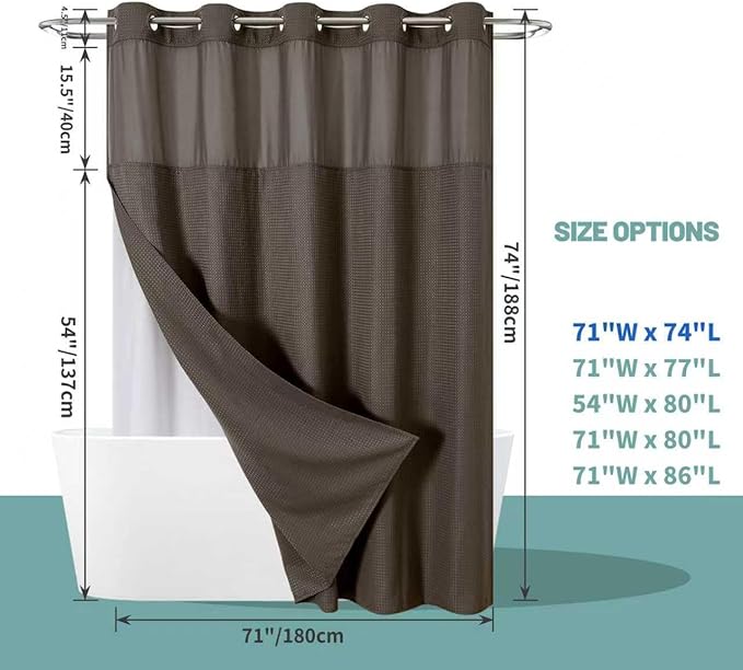Brown No Hook Waffle Weave Shower Curtain with snap-in Liner Replacement, 230GSM Waterproof Fabric Hotel Shower Curtain Set for Bathroom, Through Mesh Top Window,71Wx74H