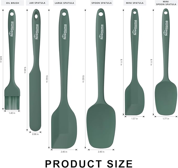 NileHome Silicone Spatula Set, 6 Pieces Food Grade Kitchen Utensils with Silicone Brush Heat Resistant Up to 600°F Dishwasher Safe BPA-Free Rubber Spatula for Scraping, Baking, Cooking, Mixing-Green