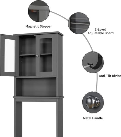 Shintenchi Over the Toilet Storage Cabinet, Bathroom Shelf Organizer with Anti-Tip Device Small Freestanding Space Saver with Adjustable Shelf and Glass Door, Gray