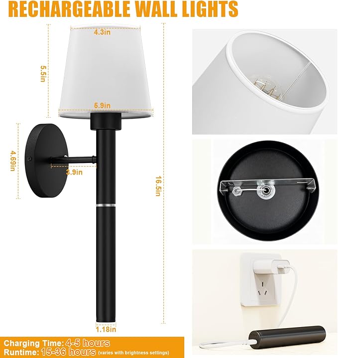 Rechargeable Wall Sconce Set of 2, Black Battery Operated Wall Sconce with Magnetic Rechargeable 5200mAh Battery Stick Dimmable and Remote, 3 Colors Wireless Lighting for Bedroom Hallway