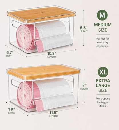 2-in-1 Stackable Trash Bag Dispenser & dishwasher pod holder with Wooden Top – Garbage Bag Holder for 13-33 Gallon Bags – Trash Bag Dispenser Under Sink with Anti-Slip Base for Laundry Detergent Pods