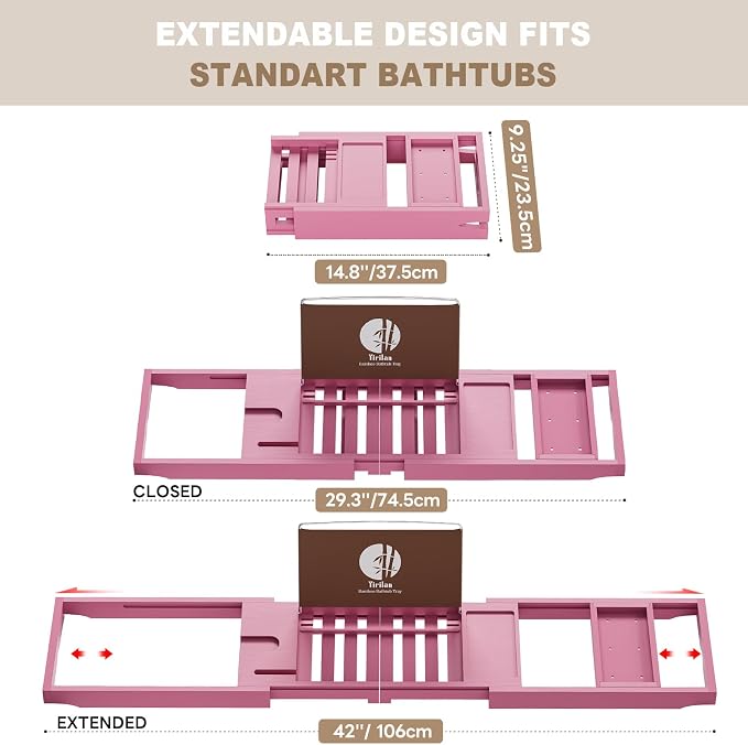 Foldable Bathtub Caddy, Expandable Bath Caddy Tray, Unique House Warming Gifts, New Home, Anniversary and Wedding Gifts for Couple, Pink
