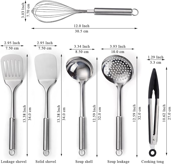 ReaNea Stainless Steel Cooking Utensils Set 6 Pieces, Kitchen Tools Set Include Metal Spatula Set, Skimmer, Ladle, Tong, Whisk, Kitchen Gadgets Essentials New Home Must Have