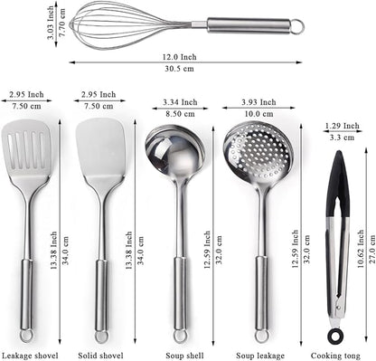 ReaNea Stainless Steel Cooking Utensils Set 6 Pieces, Kitchen Tools Set Include Metal Spatula Set, Skimmer, Ladle, Tong, Whisk, Kitchen Gadgets Essentials New Home Must Have