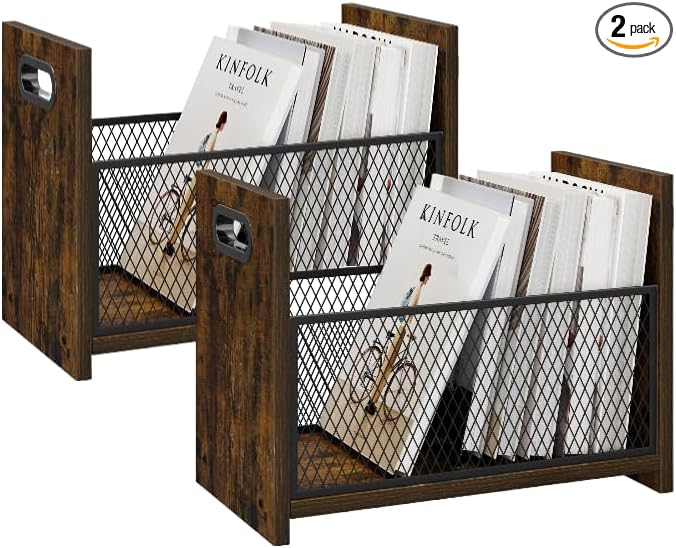 Large Magazine Rack Floor Set of 2, Vinyl Record Storage, Magazine File Holder Storage Basket for Letters, Books, Newspapers, Desktop and Home Office, 15.35" L x 8.7" W x 11.8" H