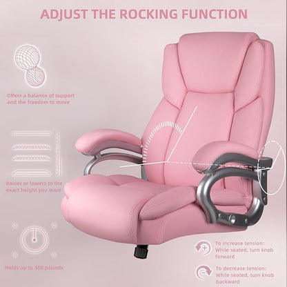 VITESSE 500lbs Heavy Duty Office Chair for Low Back Pain Relief, Big and Tall Office Chair with Ergonomic Lumbar Support, High Back Executive Chair with Quiet Rubber Wheel（Pink）