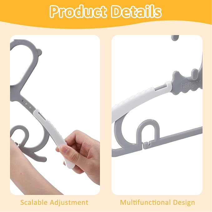 80 Pack Baby Clothes Hangers with 32 Clips, 11-15 inch Adjustable Kid Hanger, Multifunctional Children Hanger for Girl Boy Toddler Kids Child(Grey)