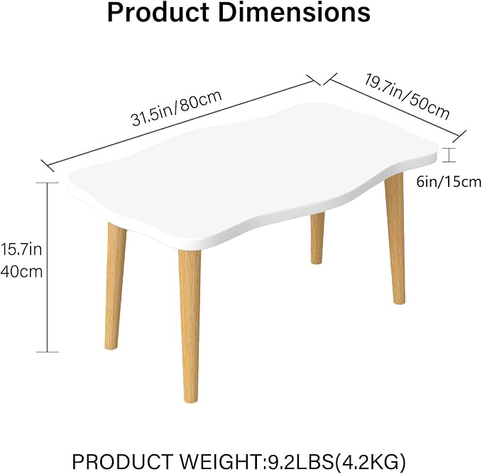 Cookie Coffee Table Low Table with 4 Solid Wood Sturdy Legs,Floor Table Desk for Sitting on The Floor,19.7"D x 31.5"W x 16"H Inches,Living Room/Toy room Furniture,Rental house Furniture(White)