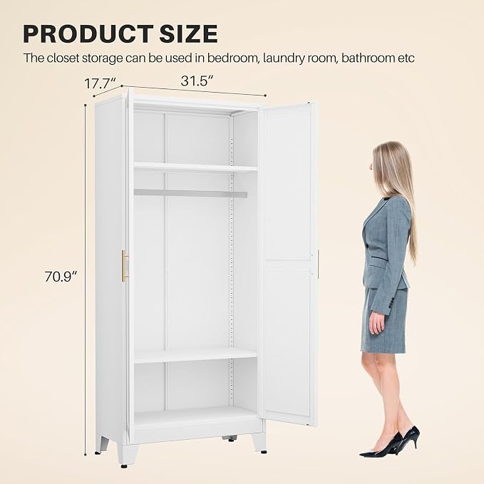 winiowa Metal Armoire Wardrobe Closet with 2 Mirror Doors, 71" Wardrobe Cabinet with Adjustable Shelves and Hanging Rod, Clothing Storage Cabinet Closet with Mirror for Bedroom-White