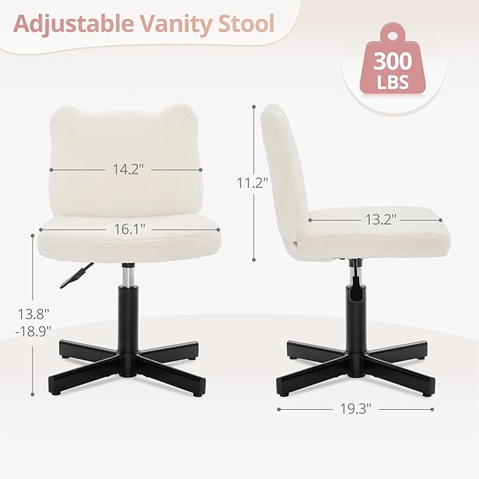 LUE BONA Adjustable Vanity Stool Chair with Girly Bear Ear Wide Back, 360° Swivel Vanity Stool for Makeup Room, Upholstered Teddy Velvet Ottoman for Girls, 350lbs, Beige