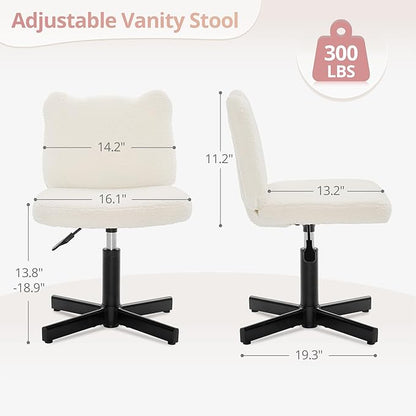 LUE BONA Adjustable Vanity Stool Chair with Girly Bear Ear Wide Back, 360° Swivel Vanity Stool for Makeup Room, Upholstered Teddy Velvet Ottoman for Girls, 350lbs, Beige
