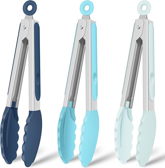 Hotec Silicone Kitchen Tongs for Cooking 9-Inch Serving Tongs with Silicone Tips, Set of 3 (Gradient Blue)