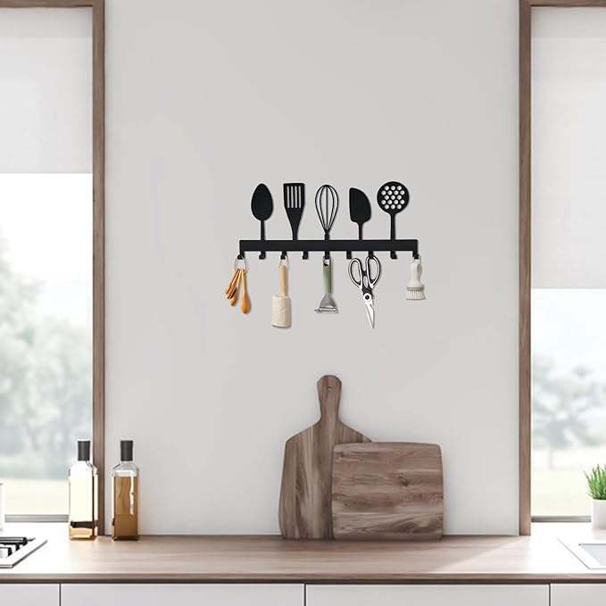 Metal Key Holder, Wall Mounted Key Hooks, Key Holder for Wall, Key Organizer Rack with 9 Hooks, Key Hanger Decor for Kitchen, Entryway, Hallway, Bedroom, Doorway (Cookware 14IN)
