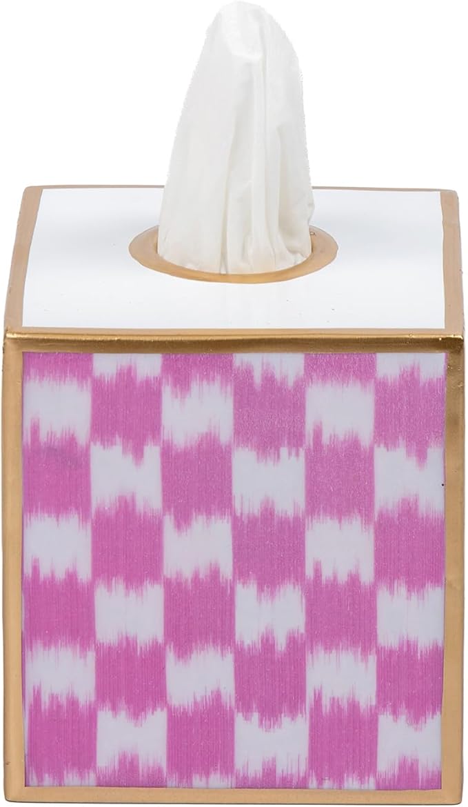 Jaye’s Studio Ikat Checkered Tissue Box Cover Gold Trim, Pink & White Tissue Box Cover Square, Facial Tissue Holder, Enamel Tissue Box Holder for Bathroom Vanity, Bedroom, Office, Checkered Home Decor