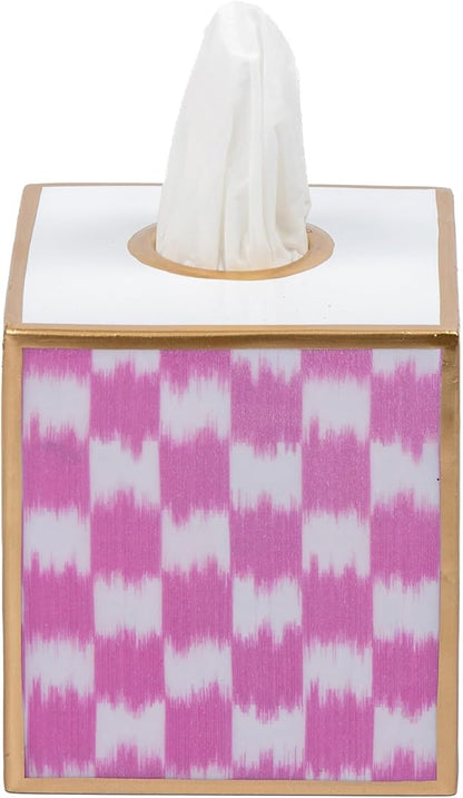 Jaye’s Studio Ikat Checkered Tissue Box Cover Gold Trim, Pink & White Tissue Box Cover Square, Facial Tissue Holder, Enamel Tissue Box Holder for Bathroom Vanity, Bedroom, Office, Checkered Home Decor