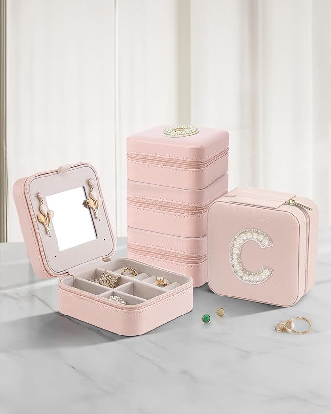 Vlando Valentine's Day Gifts, Travel Jewelry Organizer, Necklace Organizer Earrings Organizer Ring Organizer, Jewelry Travel Essentials Travel Gifts for Girlfriend Wife - Letter J, Pink