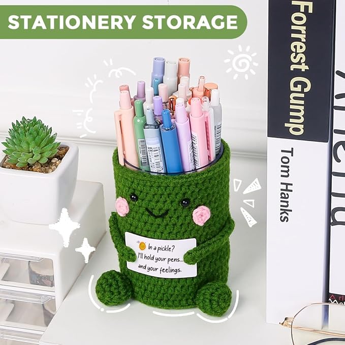 SKYDUE Crocheted Pen & Pencil Holder with Inspirational Card - Handmade Desk Organizer for Office, School, Home - Functional Desk Decor Pen Cup