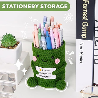 SKYDUE Crocheted Pen & Pencil Holder with Inspirational Card - Handmade Desk Organizer for Office, School, Home - Functional Desk Decor Pen Cup