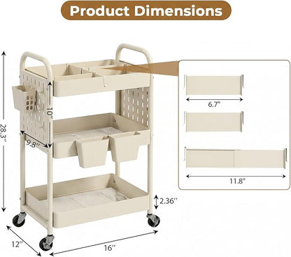 danpinera 3 Tier Rolling Cart with Retractable Dividers, Multi-Functional White Rolling Utility Cart with Pegboards, Hooks & Hanging Cups for Nursery, Living Room, Studio