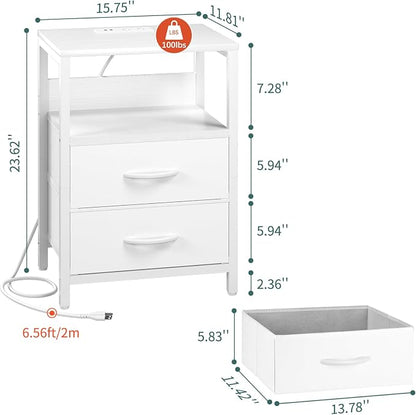 Yoobure Nightstand with Charging Station, Small Night Stand with Fabric Drawers and Storage Shelf for Bedrooms, Nightstands for Small Spaces, Bedside Table with USB Ports & Outlets, Bed Side Table