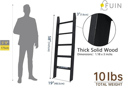 FUIN 5ft (58") Wood Blanket Ladder Living Room Decorative Wall Leaning Farmhouse Quilt Display Holder Shelf Rustic Wooden Towel Rack for Bathroom, Black