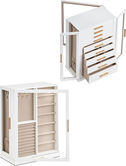 Glimmloop 360° Rotating Jewelry Box with 9 Drawers, Spacious Vertical Jewelry Organizer with Glass Window, Jewelry Storage Case, Dustproof & Moisture-resistant Design, White