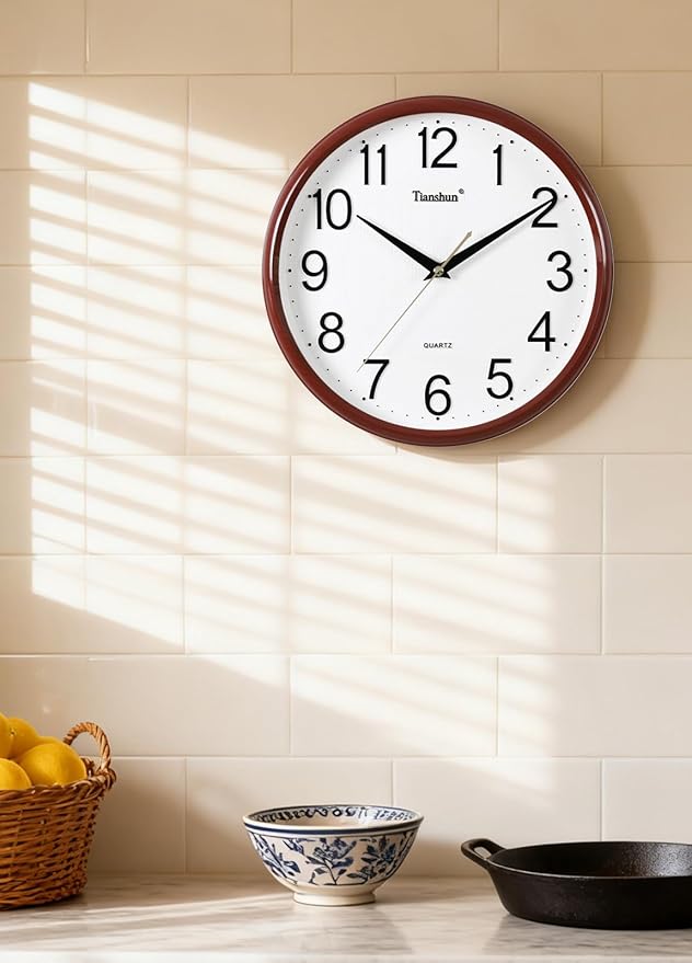 Wall Clock Silent Non-Ticking Battery Operated 12 Inch Wood Grain Large Easy to Read 3D Numbers for Office Living Room Bedroom Kitchen (Cherry Wood)
