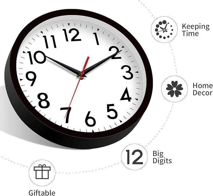 DAXSMY 14 Inch Wall Clock Large Battery Operated Big Silent Non Ticking Analog Clock Decorative for Living Room Office Kitchen Outdoor Classroom Bedroom Bathroom School(Black)