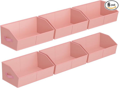 Homsorout Storage Bins for Shelves - Large Trapezoid Closet Shelf Organizer, Fabric Organization Bins with Handles, Storage Baskets for Clothes, Towel, Purse, 6 Pack, Pink