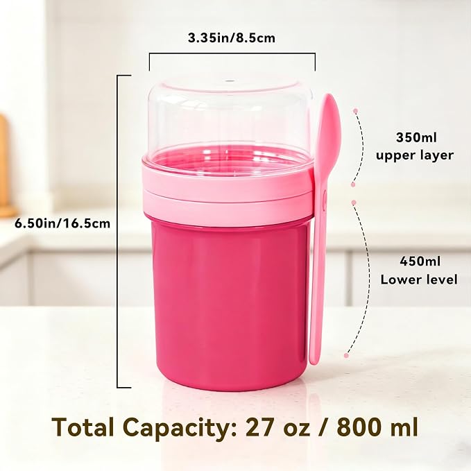27oz Reusable Yogurt Parfait & Overnight Oats Cups – 100% Leakproof with Lid & Spoon for Meal Prep, Breakfast, Office & Gym (Pink)