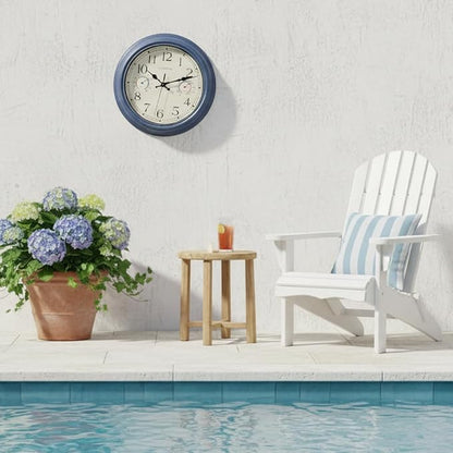 Outdoor Clock with Thermometer & Hygrometer Combo - Waterproof Vintage Coastal Decor Wall Clock for Patio, Pool, Garden, Backyard, Bathroom - 12 Inch, Blue