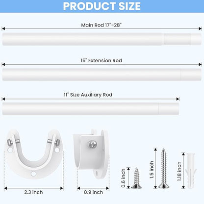 3 Pack Closet Rods for Hanging Clothes, 17 to 54 Inch Heavy Duty Stepless Adjustable Closet Hanging Rod, 1.3 Inch Diameter Metal Closet Rod for Wardrobes Laundry Bedroom RV, White