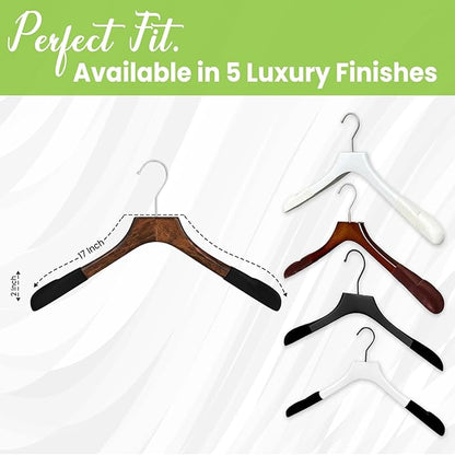 Premium Luxe Wooden Hangers for Women, Wide Shoulder Design for Dresses, Skirts, Sweaters & Blouses, Heavy Duty with Velvet Grip, Mahogany with Black Velvet, 30 pcs