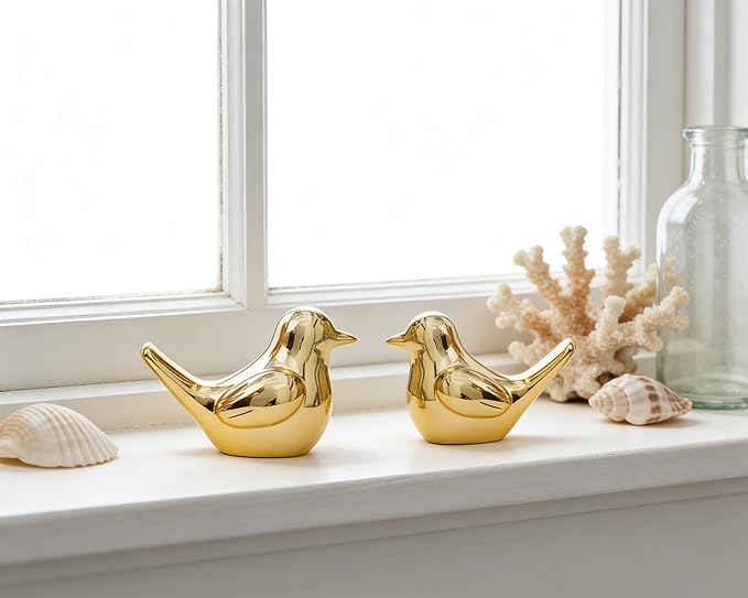 Artconal Small Gold Bird Statue Ceramic 2-Piece Set, 4½ inch Cute Knick Knack for Home Office Shelf Desk Decor
