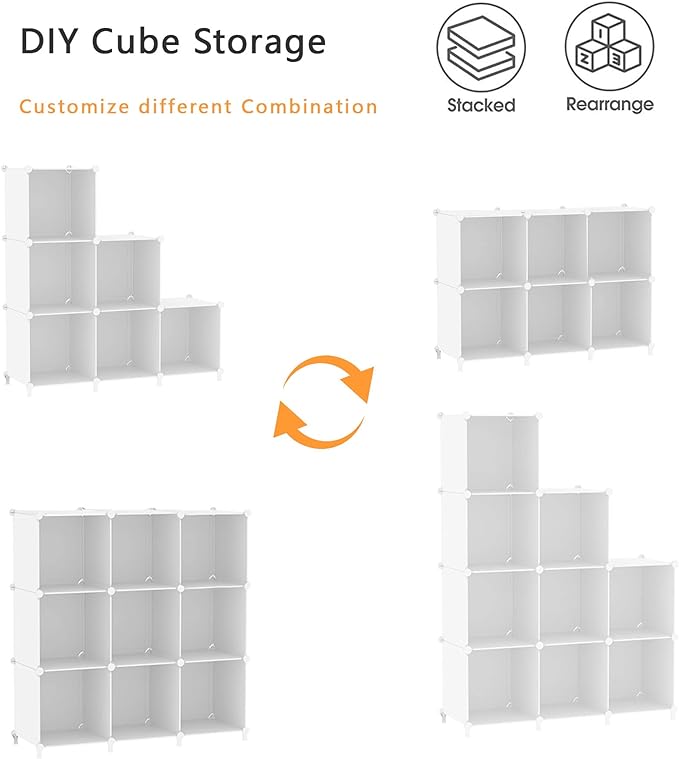 AWTATOS Cube Storage Organizer, Storage Cubes Shelves Bookshelf, 6 Cube Closet Organizers and Storage, DIY Stackable Plastic Clothes Organizer Shelving for Bedroom, Home, White
