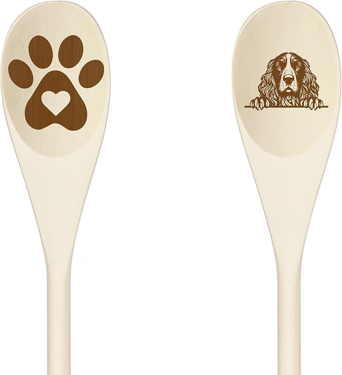 CLUMBER SPANIEL Wooden Spoons for Cooking, Serving or Decorative Kitchen Utensils Set Dog Lover Dog Mom/Dad Gift with Peeking Dog Designs, Paw Print and Dog Head, Kitchen Utensils Set of 2