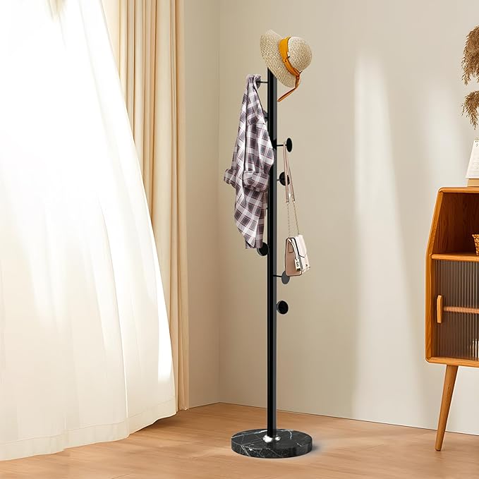 Modern Metal Coat Rack Stand with Natural Marble Base, Heavy Duty Coat Rack Freestanding with 8 Hooks, BlackStanding Coat Racks Hall Tree Stand for Bag, Jacket, Entryway Office