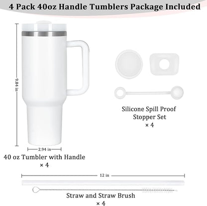 4 Pack 40 Oz Tumbler with Handle Bulk, Double Wall Vacuum Insulated Stainless Steel Tumbler with Lid and Straw, 40 oz cup with Silicone Spill Proof Stopper Set (White)