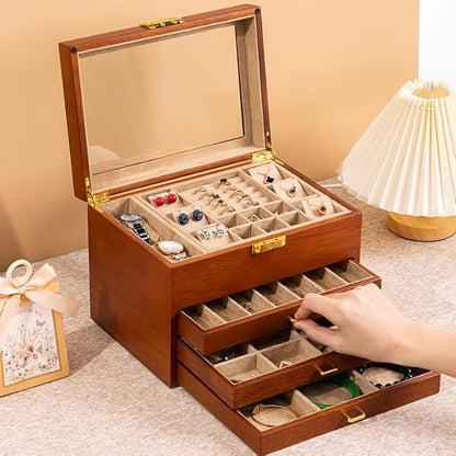 Walnut Wood Jewelry Box, 4-Tier Soild Wood Jewelry Box with 3 Drawers Large Storage Lockable Jewelry Organizer with Glass Lid Christmas Gifts for Necklaces Rings Earring Watches Bracelets