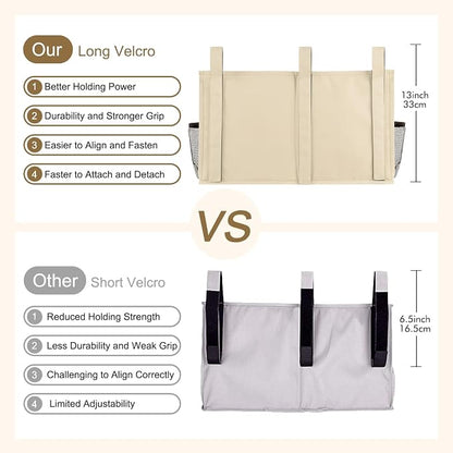 Surblue Bedside Caddy Hanging Organizer Storage Bag Pocket for Bunk, Hospital, College Dorm Rooms, Baby Bed Rails, Camp - 8 Pockets, Large, Beige