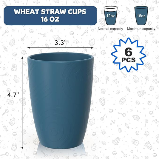 Wheat Straw Drinking Cups Set of 6, 16 OZ Unbreakable & Lightweight Plastic Cups Reusable, Dishwasher Safe Tumblers for Camping, Kitchen, RV, Party， Dark Blue
