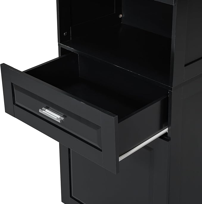 70" Tall Bathroom Storage Cabinet with Two Doors and Drawer, Open Space and Laundry Hampers for Home Display Organizer, Removable Laundry Basket, Adjustable Shelf, Black