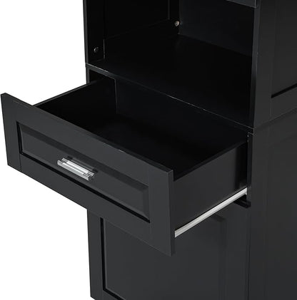 70" Tall Bathroom Storage Cabinet with Two Doors and Drawer, Open Space and Laundry Hampers for Home Display Organizer, Removable Laundry Basket, Adjustable Shelf, Black
