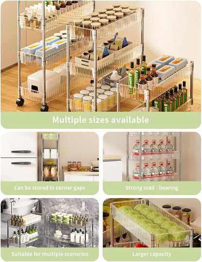 Sooyee Slim Clear 3-Tier Plastic Rolling Utility Cart with Wheels, Multi-Functional Storage Trolley for Office, Living Room, Kitchen, Movable Storage Organizer with Wheels