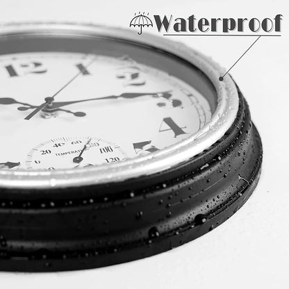 JENLYSTIME 12 Inch Indoor/Outdoor Retro Waterproof Wall Clock with Thermometer Silent Round Quartz Battery Operated Easy to Read Decorative for Kitchen Patio,Bathroom,Deck,Porch,Pool(Silver)