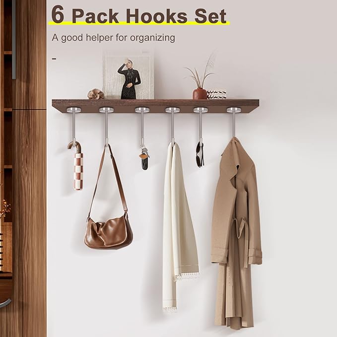 NearMoon Coat Hooks, Wall Mount Hooks for Hanging Hat Hurse Robe, 304 Stainless Steel Heavy Duty Towel Hangers for Bathroom Livingroom Kitchen-Ceiling Hook, 6 Pack (4 Inch, Brushed Nickel)