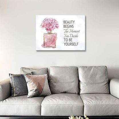 arteWOODS Fashioner Perfume Canvas Wall Art Gold Bottle Pink Flower Canvas Pictures Brown Inspirational Words Canvas Prints Motivational Quetos Wall Decor for Bathroom Bedroom Powder Room 28" X 20"
